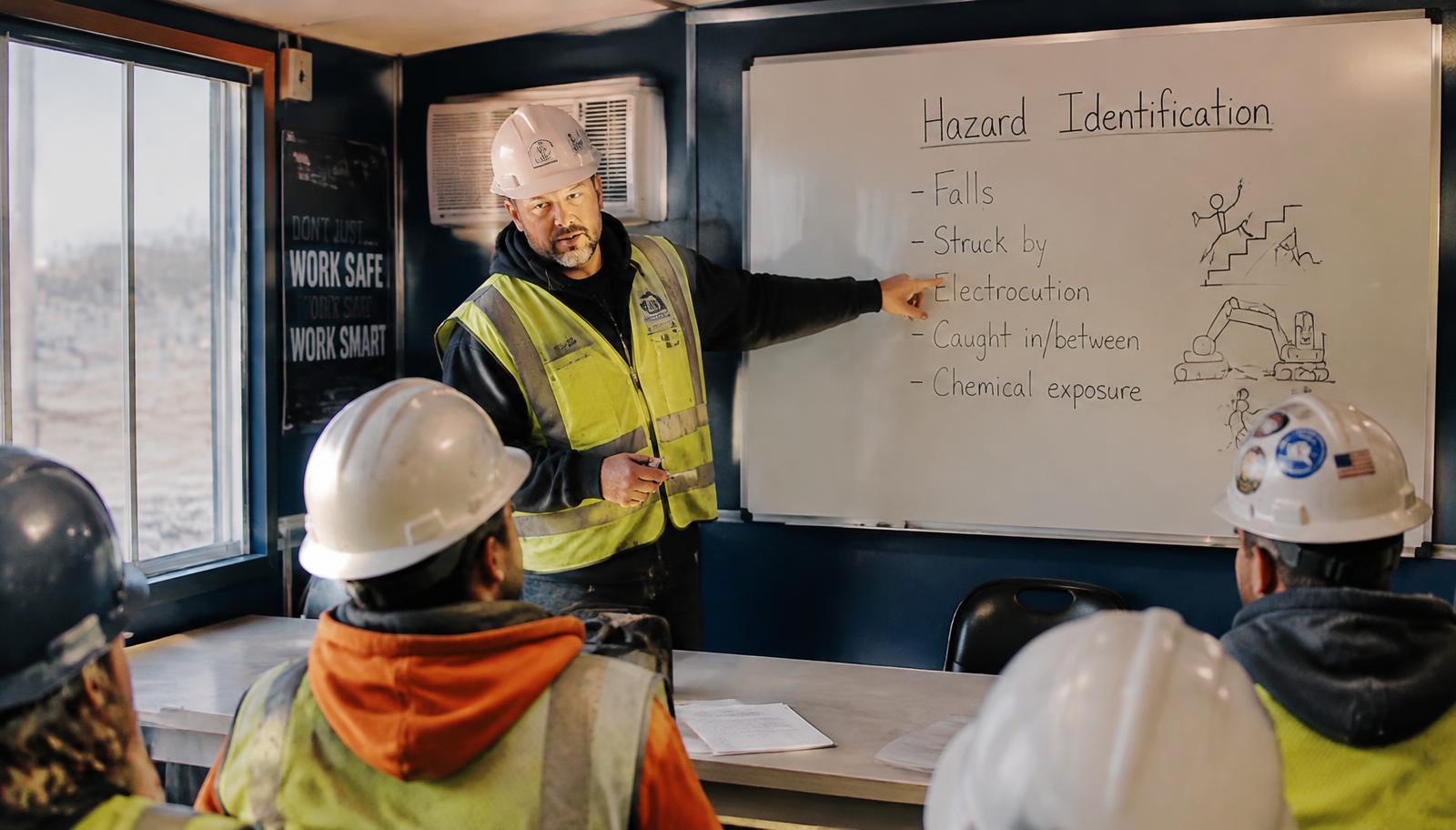 Safety instructor teaching hazard identification to construction workers